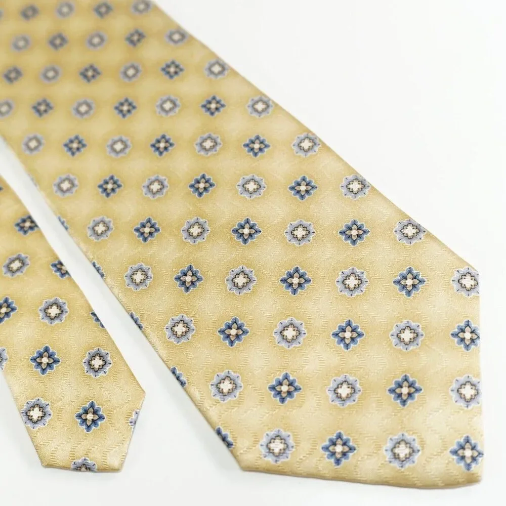 Jos A Bank Yellow Geometric Floral‎ Silk Wide Woven Tie Hand Sewn